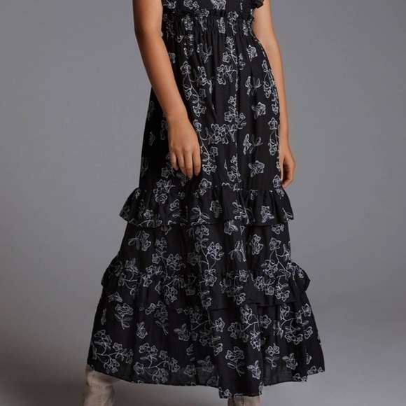 Especia Embroidered Floral Maxi Dress Ruffles Trim Anthropologie Navy - Picture 6 of 10